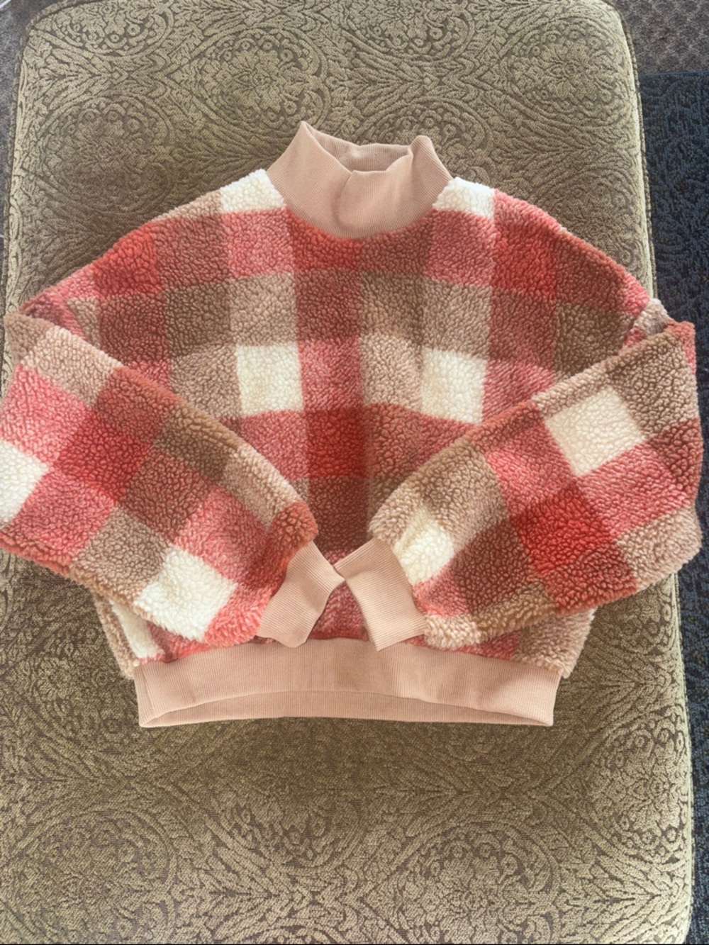 Zaful Plaid Sherpa Turtleneck Cropped Sweater in Pink/Orange, Cream, and Brown